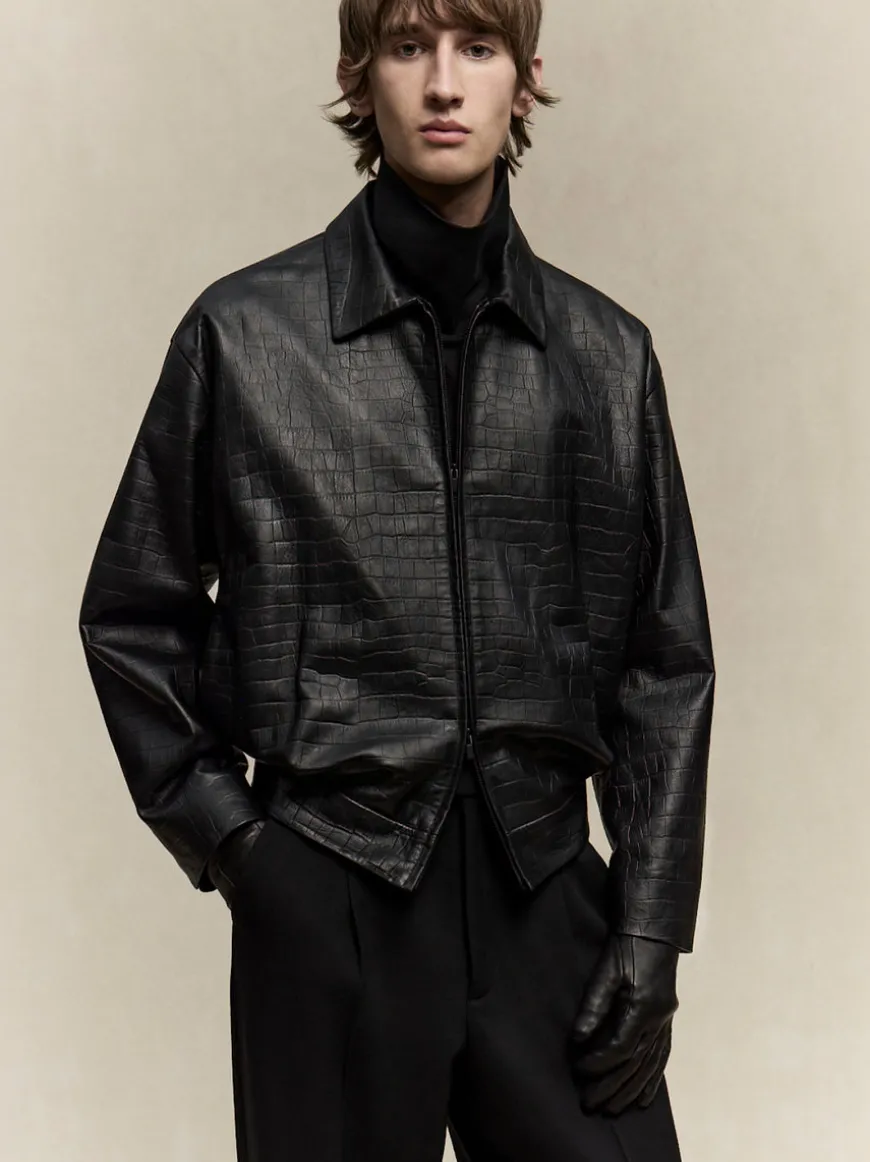 Crocodile Embossed Leather Jacket