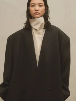 Military Wool Long Relaxed Lapelless Blazer