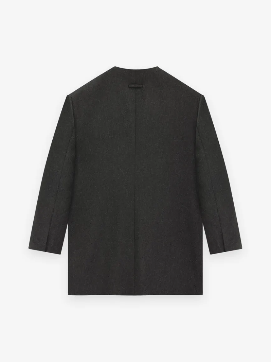 Military Wool Long Relaxed Lapelless Blazer