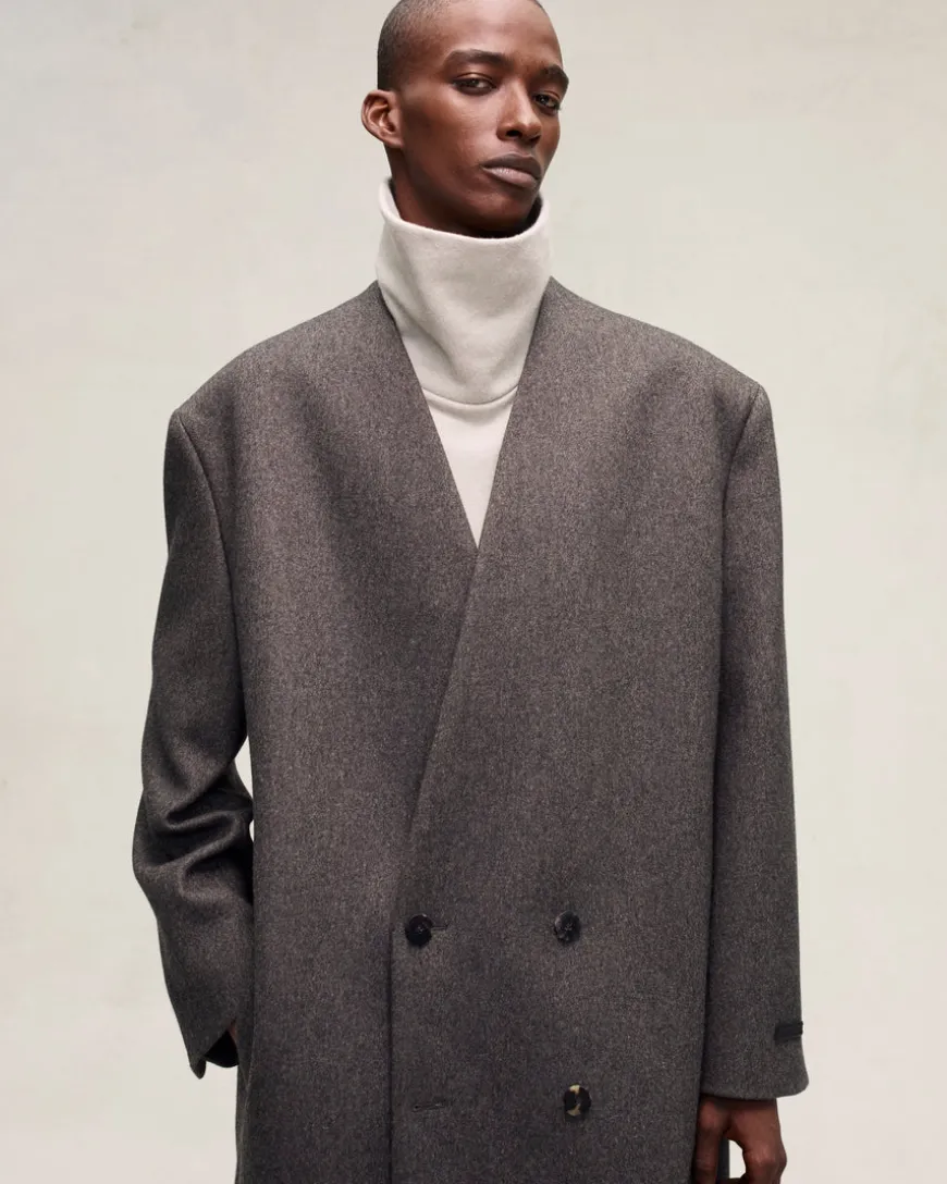 Military Wool Long Relaxed Lapelless Blazer