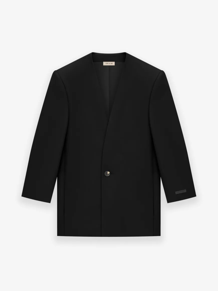 Wool Gabardine Lapelless Suit Jacket
